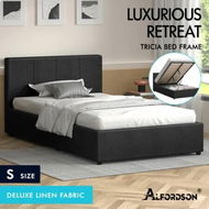 Detailed information about the product ALFORDSON Bed Frame Single Size Gas Lift Storage Base Fabric Charcoal TRICIA