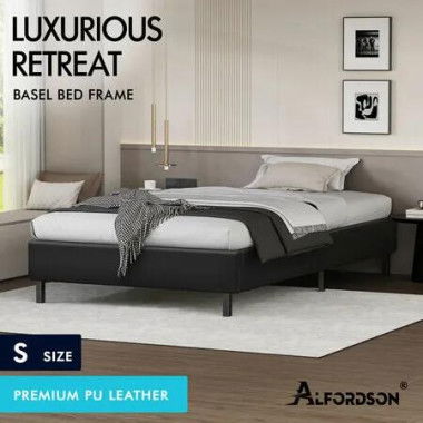 ALFORDSON Bed Frame Single Size Mattress Base Foundation Black Leather BASEL