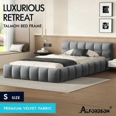 ALFORDSON Bed Frame Single Size Tufted Headboard Foundation Grey Velvet TALMON