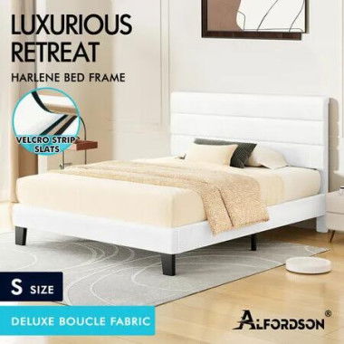 ALFORDSON Bed Frame Single Size Upholstered Platform White Boucle HARLENE