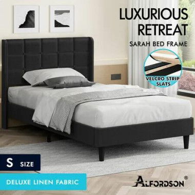 ALFORDSON Bed Frame Single Size Upholstered Wingback Base Charcoal Fabric SARAH