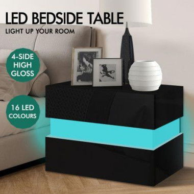 ALFORDSON Bedside Table RGB LED Nightstand 2 Drawers 4 Side High Gloss Black