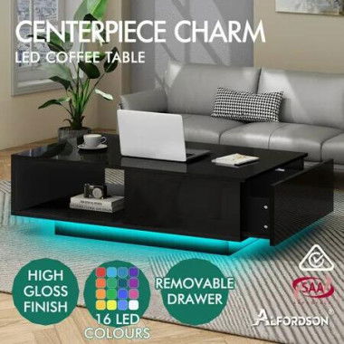 ALFORDSON Coffee Table LED Light High Gloss Drawer Black