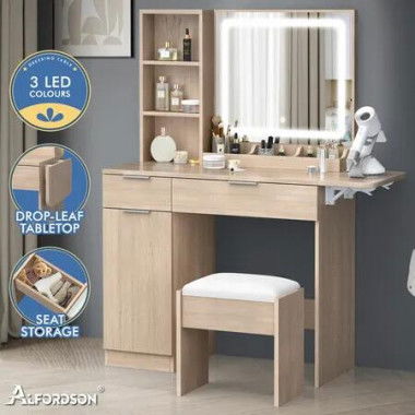 ALFORDSON Dressing Table Stool Set LED Vanity Desk Makeup Mirror Drawers Wood