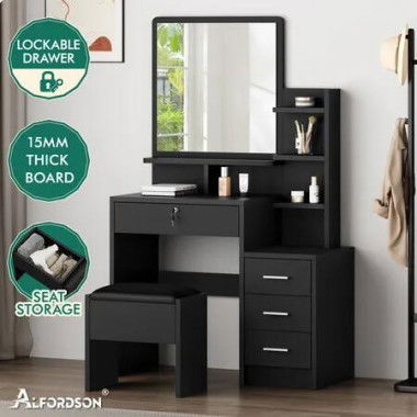 ALFORDSON Dressing Table Stool Set Makeup Mirror Cabinet Vanity Desk Black