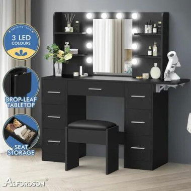 ALFORDSON Dressing Table Stool Set Makeup Mirror Vanity Desk LED Bulbs Black
