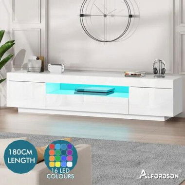 ALFORDSON Entertainment Unit 180cm TV Cabinet Stand LED Light Gloss White