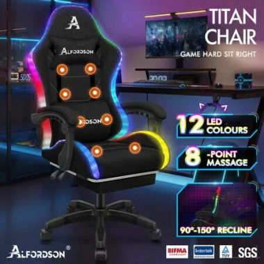 ALFORDSON Gaming Chair Office Massage 12 RGB LED Computer Seat Fabric All Black