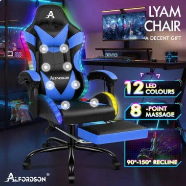 ALFORDSON Gaming Chair Office Massage 12 RGB LED Computer Seat PU Leather Blue