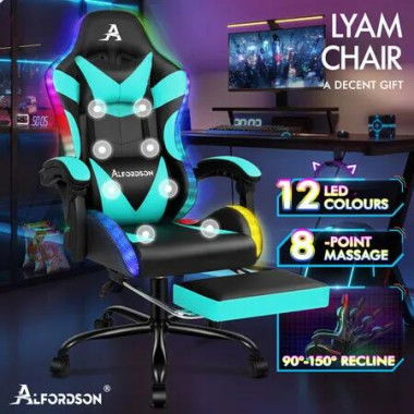 ALFORDSON Gaming Chair Office Massage 12 RGB LED Computer Seat PU Leather Cyan