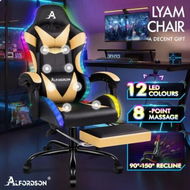 Detailed information about the product ALFORDSON Gaming Chair Office Massage 12 RGB LED Computer Seat PU Leather Gold