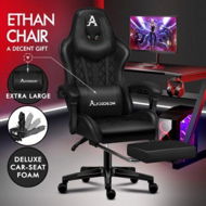Detailed information about the product ALFORDSON Gaming Chair Office Racer Large Lumbar Cushion Footrest Seat Leather All Black