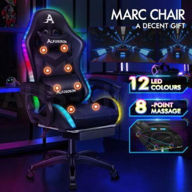 ALFORDSON Gaming Office Chair 12 RGB LED Massage Computer Seat Footrest Black