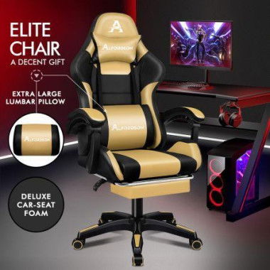 Alfordson Gaming Office Chair Extra Large Pillow Racing Executive Footrest Seat Black & Gold.