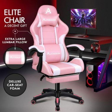 Alfordson Gaming Office Chair Extra Large Pillow Racing Executive Footrest Seat Pink & White.