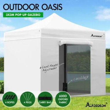 ALFORDSON Gazebo 3x3m Pop Up Marquee 600D Oxford Folding Camping Tent White