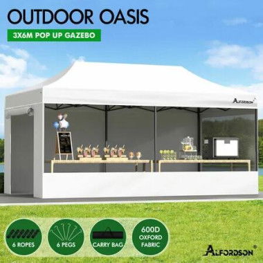 ALFORDSON Gazebo 6x3m Pop Up Marquee 600D Oxford Folding Camping Tent White