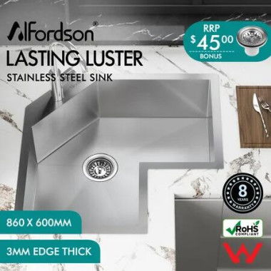 ALFORDSON Kitchen Sink Stainless Steel Drop in Flush Mount Single Bowl 860X600MM