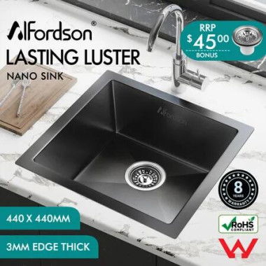 ALFORDSON Kitchen Sink Stainless Steel Drop in Flush Under Mount 440X440MM Black