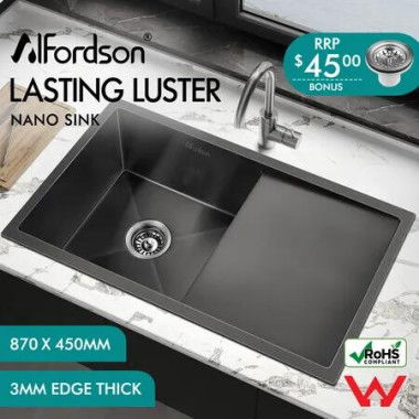 ALFORDSON Kitchen Sink Stainless Steel Drop in Flush Under Mount 870X450MM Black