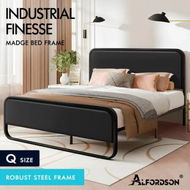 Detailed information about the product ALFORDSON Metal Bed Frame Queen Size Upholstered Headboard Black Leather MADGE