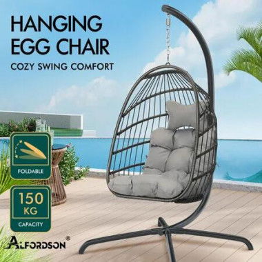 ALFORDSON Outdoor Egg Swing Chair Wicker Rattan Pod Foldable Seat Light Grey