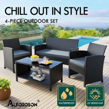 ALFORDSON Outdoor Furniture 4PCS Garden Patio Chairs Table Set Wicker Black