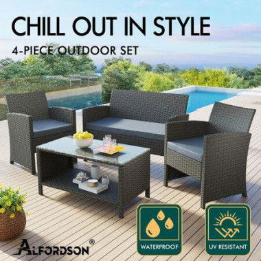 ALFORDSON Outdoor Furniture 4PCS Garden Patio Chairs Table Set Wicker Dark Grey