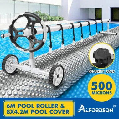 ALFORDSON Pool Cover 500 Micron Solar Blanket Swimming 6M Grey Roller 8X4.2M