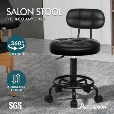 ALFORDSON Salon Stool Backrest Swivel Barber Hair Dress Chair Riley All Black