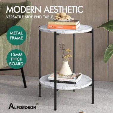 ALFORDSON Side Table Sofa End Bedside Nightstand Round Marble Shelf Black