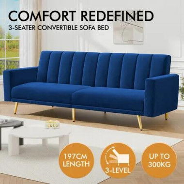 ALFORDSON Sofa Bed Futon Couch Lounge 3 Seater Convertible Velvet Blue