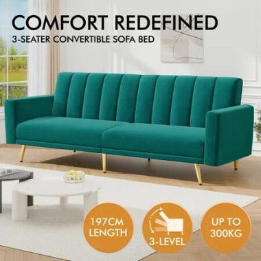ALFORDSON Sofa Bed Futon Couch Lounge 3 Seater Convertible Velvet Green