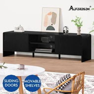 Detailed information about the product ALFORDSON TV Cabinet Entertainment Unit 150cm Storage Sliding Doors Black Shelf
