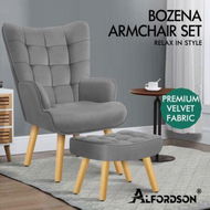 Detailed information about the product ALFORDSON Wooden Armchair Velvet Accent Chair Lounge Sofa Ottoman Footstool