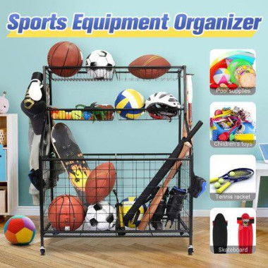 All-in-one Ball Storage Rack Sports Equipment Garage Organizer Basketball Holder Cart With Wheels Hooks Metal