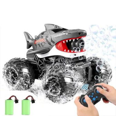 Amphibious Remote Control Shark Monster Truck with Water Squirt, 4WD All Terrain Off Road 2.4Ghz Waterproof RC Car Boat Toys for Kids Age 6 Up, Grey
