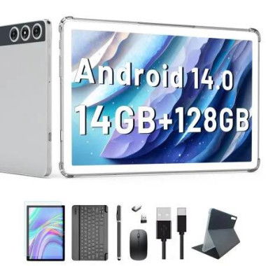 Android 14 Tablet,Tablet 10 inch 128GB Storage 1TB Expandable 14GB RAM,4G Sim Slot Tablet with keyboard Support 5G WiFi Bluetooth 5.0 GPS (Silver)