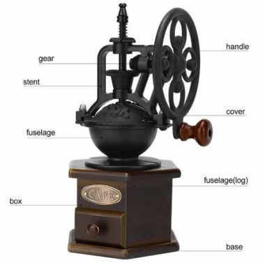 Antique Wooden Coffee Mill with Cast Iron Hand Crank - Manual Grinder for Mesh Coffee & Decorative Gift