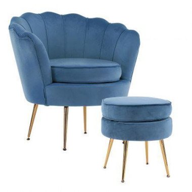 Armchair Lounge Chair Accent Velvet Shell Scallop + Ottoman Footstool Round NAVY BLUE.
