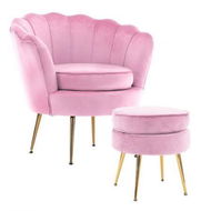 Detailed information about the product Armchair Lounge Chair Accent Velvet Shell Scallop + Round Ottoman Footstool PINK.