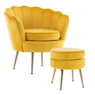 Detailed information about the product Armchair Lounge Chair Accent Velvet Shell Scallop + Round Ottoman Footstool YELLOW