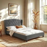 Detailed information about the product Artiss Double Bed Frame with Wingback Headboard Grey Linen Upholstered Platform Bed Base