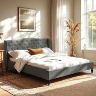 Detailed information about the product Artiss King Bed Frame with Wingback Headboard Grey Linen Upholstered Platform Bed Base