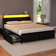 Detailed information about the product Artiss Metal Bed Frame Queen Size Storage Headboard Charge Station LED 4 Drawers