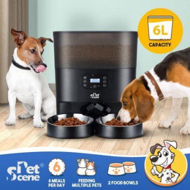 Automatic Pet Cat Feeder Dog Auto Dual Bowls Timed Food Dispenser 6L With Voice Recorder Petscene Black