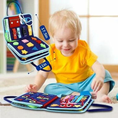 Baby Montessori Toys Blue Busy Sensory Board with Buckles for Fine Motor Skill Development Perfect for travel, keeping little ones entertained in airplanes or cars