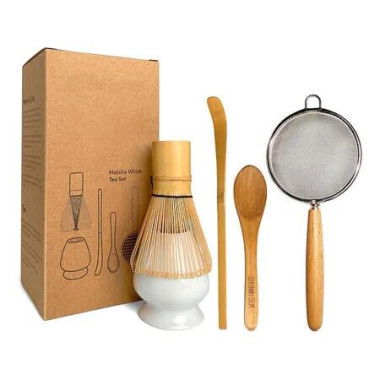 Bamboo Matcha Whisk Set, Matcha Whisk, Chasen,Whisk Holder, White, Sifter, Tea Scoop and Tea Spoon
