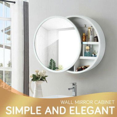 Bathroom Medicine Cabinet Mirror Vanity Round Wall Mirrored Cupboard With Storage Sliding Door White 60cm Diameter