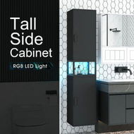 Detailed information about the product Bathroom Storage Cabinet Medicine Shower Organiser Cupboard Shelves Corner Tall Narrow Floor Display Unit Tallboy 2 Doors LED Light Black